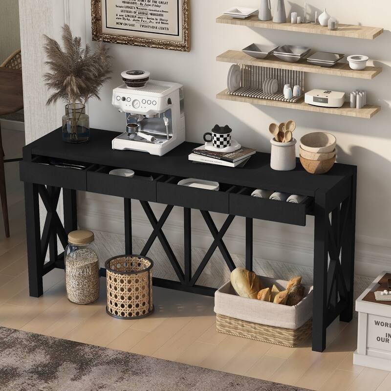 Modern Acacia Wood 60" Console Table with 4 Drawers and Unique X-Design for Entryway or Living Room