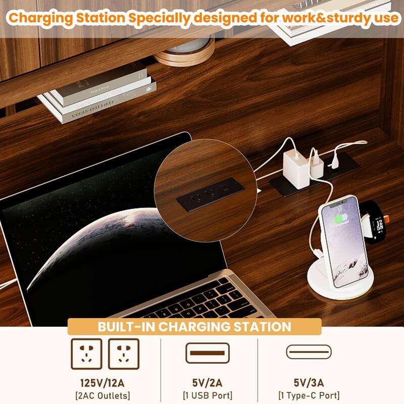 Roomfitters 47'' Retro Desk with Charging Ports and Hutch, Office Desk with 5 Storage Drawers and Glass Bookshelf, Walnut