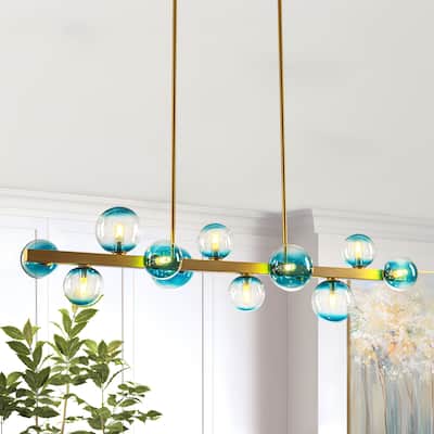 12-Light Modern Linear Cluster Chandelier with Gradient Blue Glass Globes, Mid-Century Modern Pendant Light