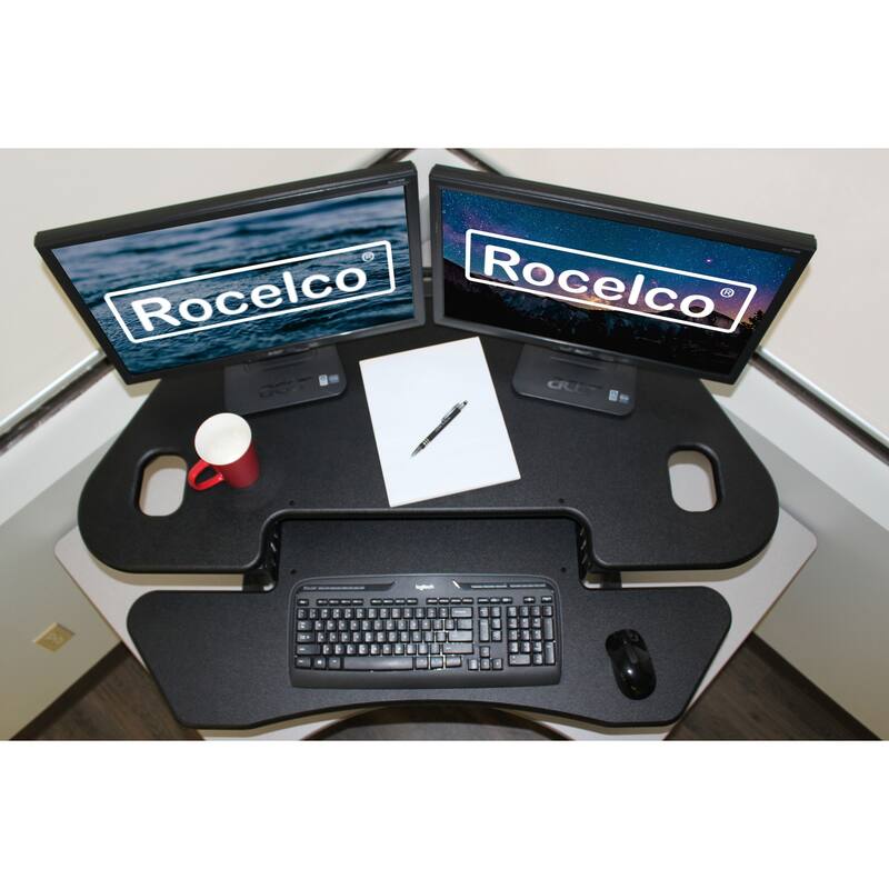 Rocelco 46 in. W Black Height Adjustable Corner Standing Desk Converter Dual Monitor Riser with Gas Spring Assist Design