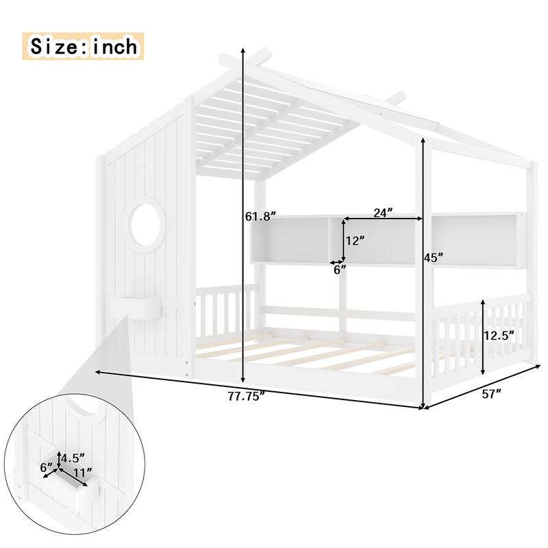 House Bed Frame for Toddler Floor Bed, Kids Montessori Bed with Storage Shelf and Round Window, Playhouse Bed with Roof Design