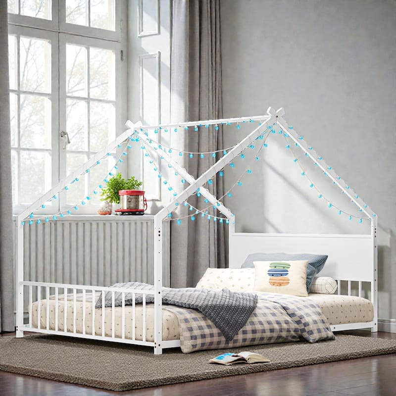 House Bed Frame with Roof & Colorful LED Lights, Metal Kids Floor Bed with Slats, Boys Girls Teens Canopy Bed, No Box Spring