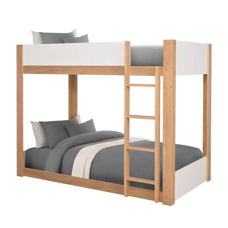 Furniture of America Oryas White and Natural Solid Wood Twin over Twin Low Profile Bunk Bed
