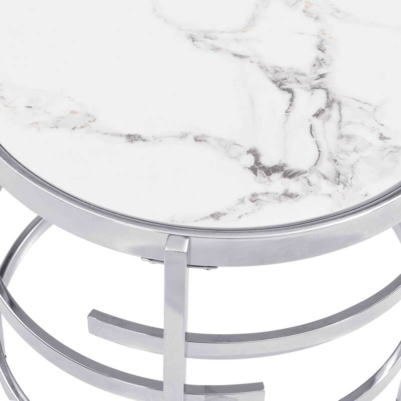 Modern Round End Table with Sintered Stone Top, Chrome/ Silver End Table for Living Room 20.67''W x 20.67''D x 21.65''H