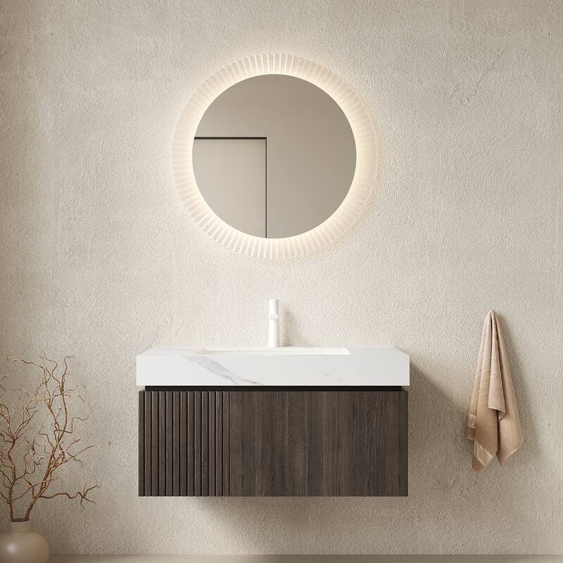 Floating Bathroom Vanity with Sintered Stone Top and Undermount Ceramic Basin - 35.83'' x 18.9'' x 17.72'' - Carrara White and Espresso