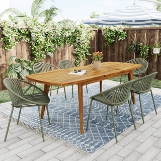 Roomfitters Outdoor Expandable Dining Set 7 Piece Acacia Wood Table Stackable Chairs