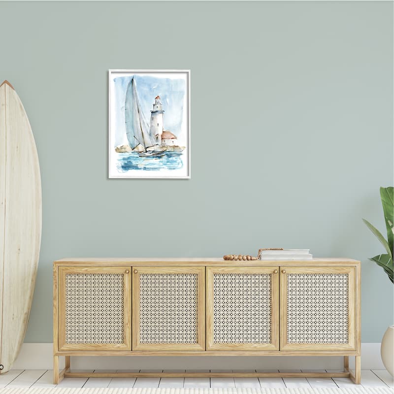 Stupell Lighthouse Tower Beacon Sea Sail Boat Nautical Outdoors Framed Wall Art, Design by Ethan Harper - Blue