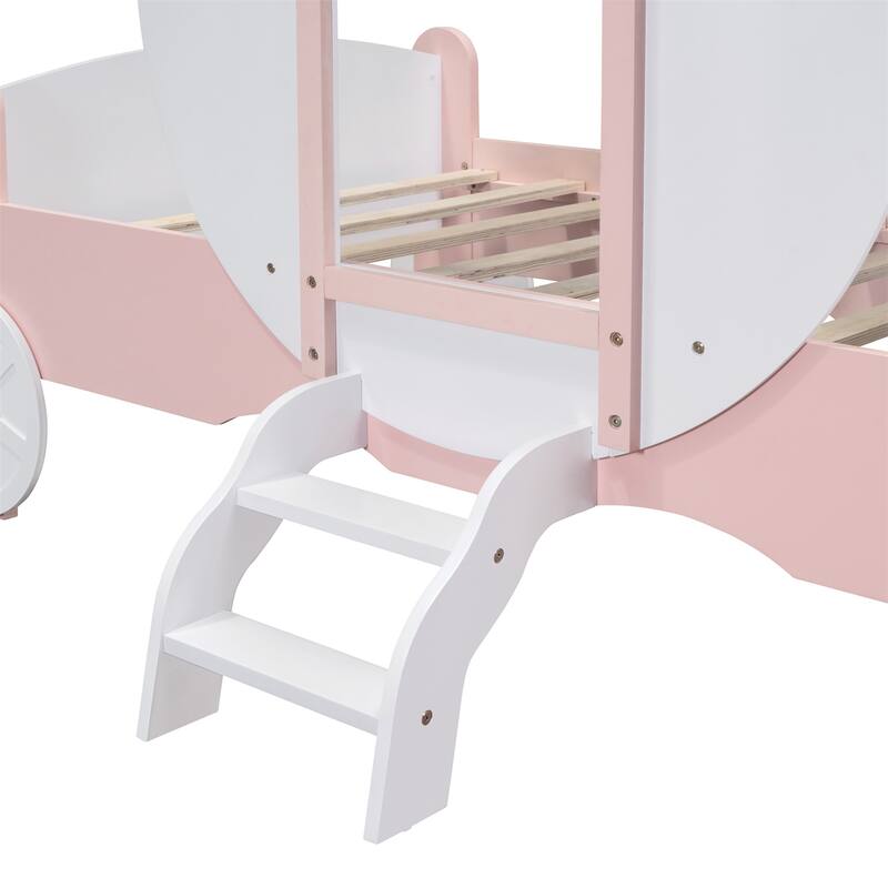 Twin Size Princess Carriage Wood Platform Car Bed with Crown and Stair