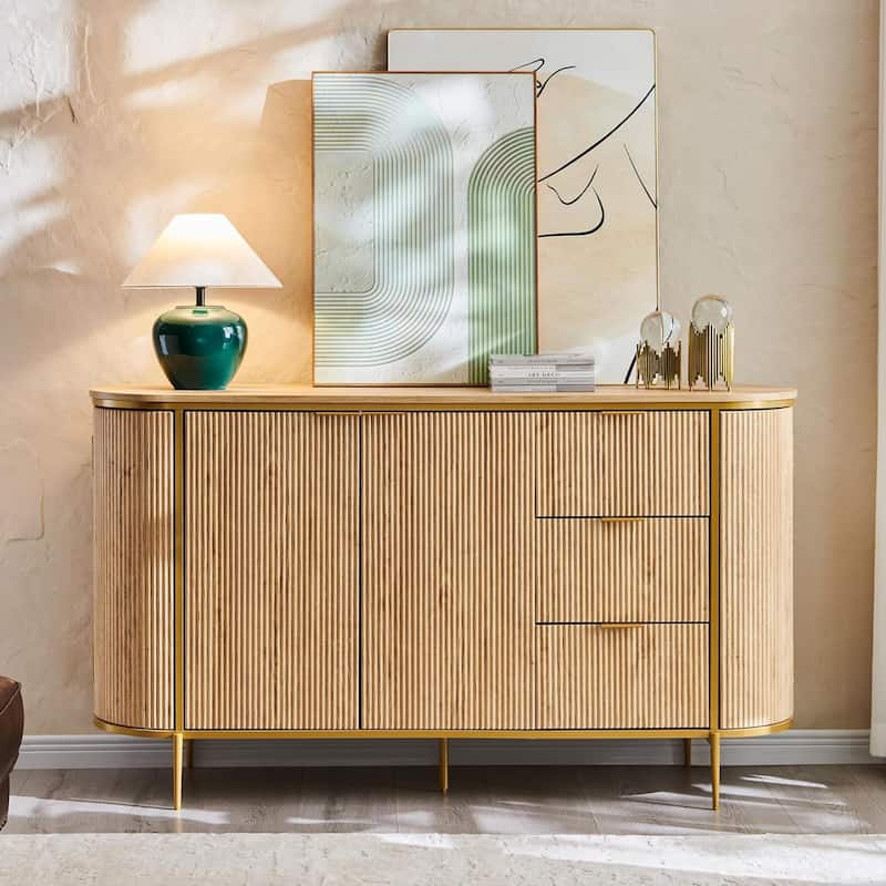 60" Modern Fluted Buffet Cabinet, Buffet Table, Coffee/Wine Bar - Natural Oak