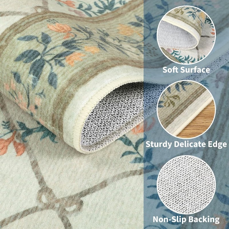Floral Neutral Washable Hallway Low Pile Area Rug for Bedroom, Living Room, Sage Green - 2' x 3'