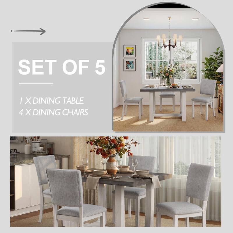 Rossetta 5-Piece Wood Transitional Farmhouse Style Dining Table Set with U-Shaped Trestle Base Table, 4 Upholstered Side Chairs