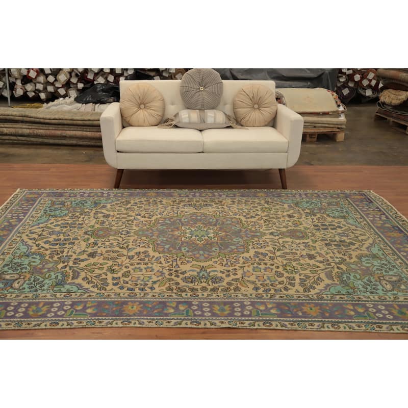 Hand Knotted Oriental 100% Wool Carpet Traditional Floral Peach Tabriz Area Rug - 9' 7'' X 6' 4''