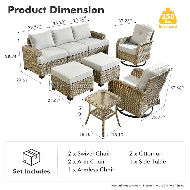 OVIOS 8 Pieces Wide Arm T shaped Seat Curved Swivel Chair Set With Ottoman