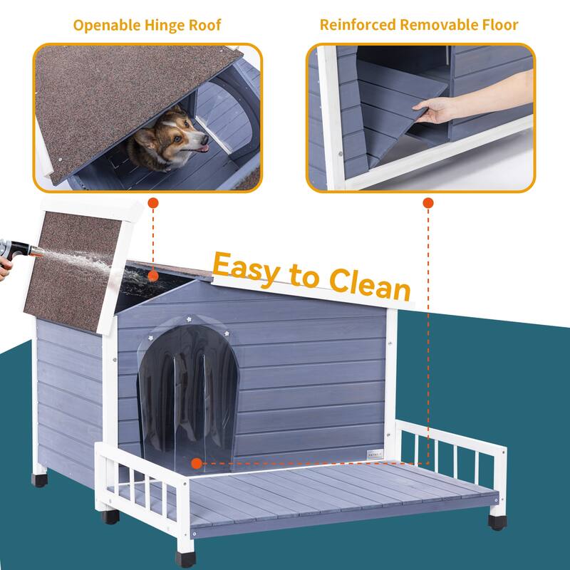 Large Wooden Dog Room Dog Kennel Indoor Outdoor with Raised Floor Windows and Door Curtains Dog House