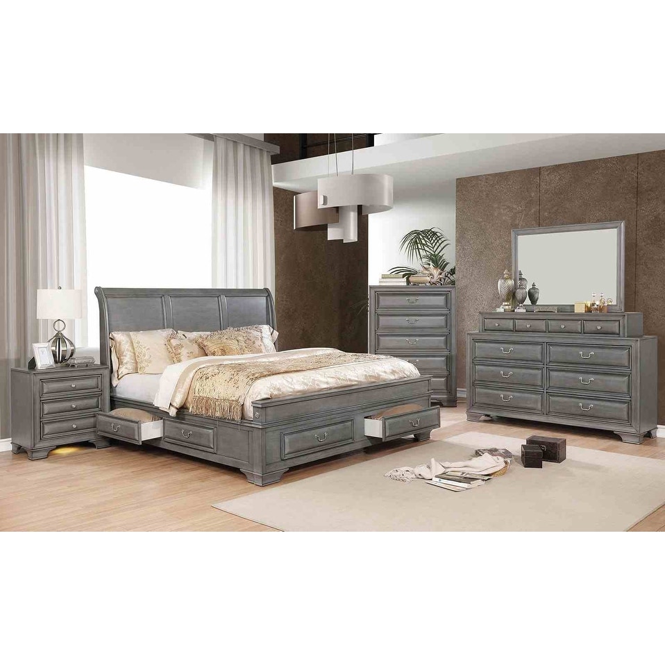 Gray Finish Transitional Bedroom Furniture Set with Storage Bed USB Ports Nightstand