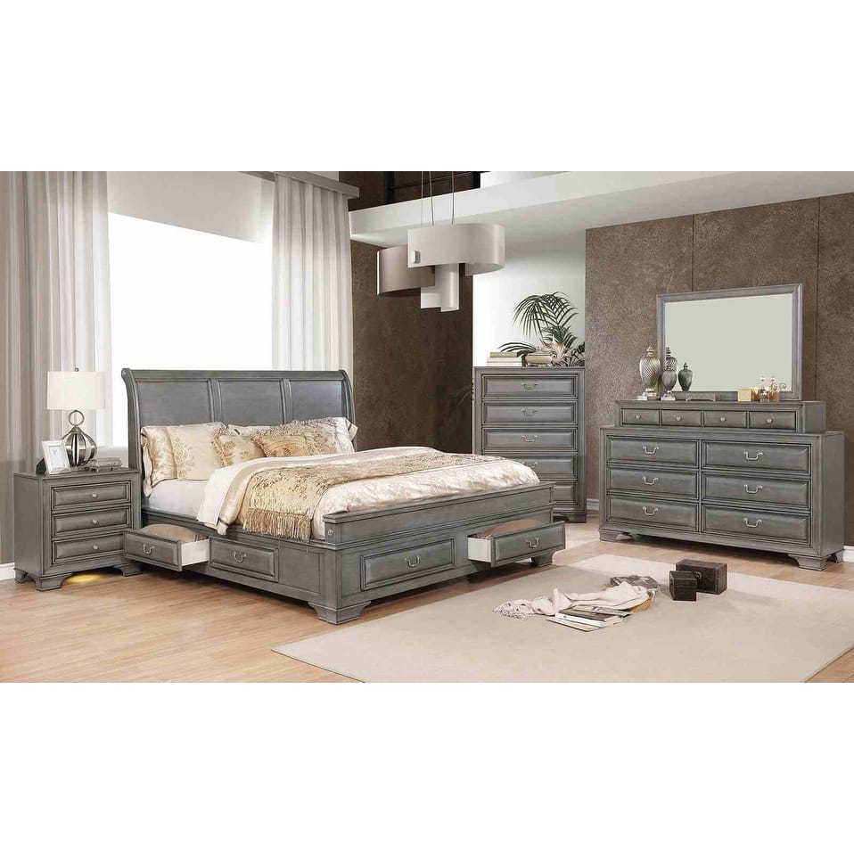 Gray Finish Transitional Bedroom Furniture Set with Storage Bed USB Ports Nightstand