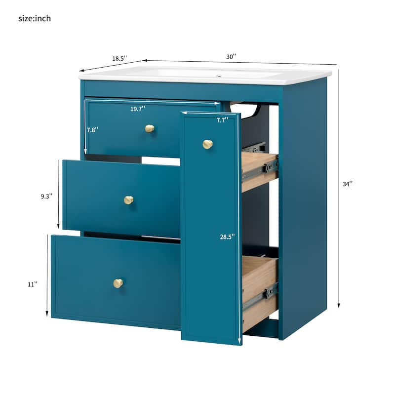 GDFStudio - Carradine Classic Freestanding Bathroom Vanity with Ceramic Sink and 4 Storage Drawers - 30'W