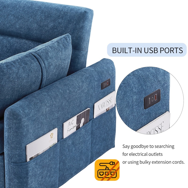 3-in-1 Pull Out Sofa Bed, Couch Bed with Adjsutable Back and Storage Pockets, 2 Seater Sofa with 2 Soft Pillows and USB Ports
