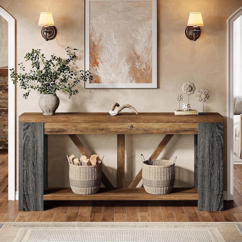 70.9” Brown MDF Entryway Table, 2-Tier Console Table for Living Room