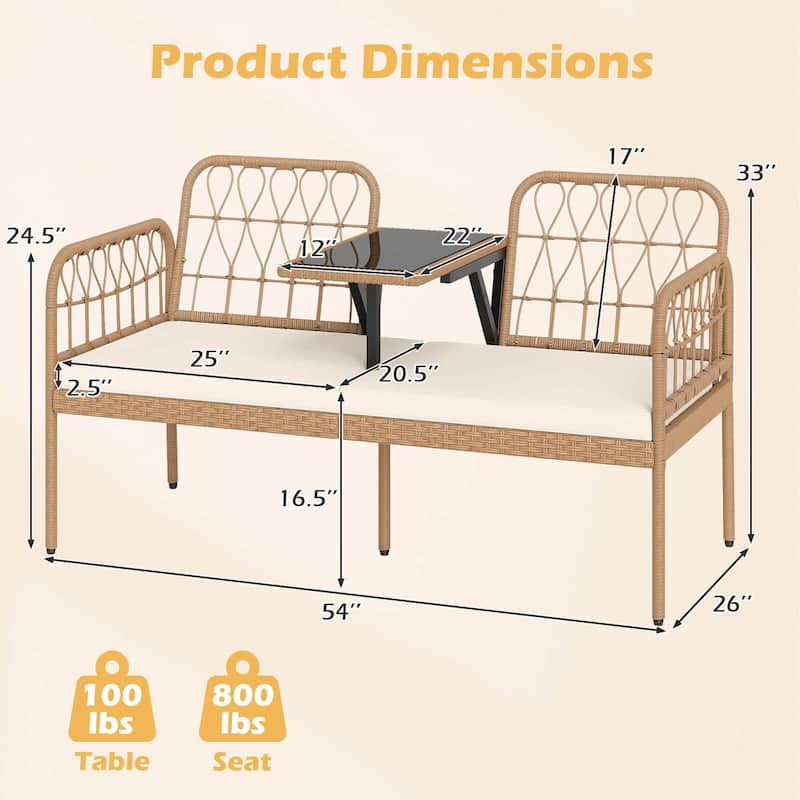 Costway PE Rattan Outdoor Loveseat with Built-in Coffee Table & Soft - See Details