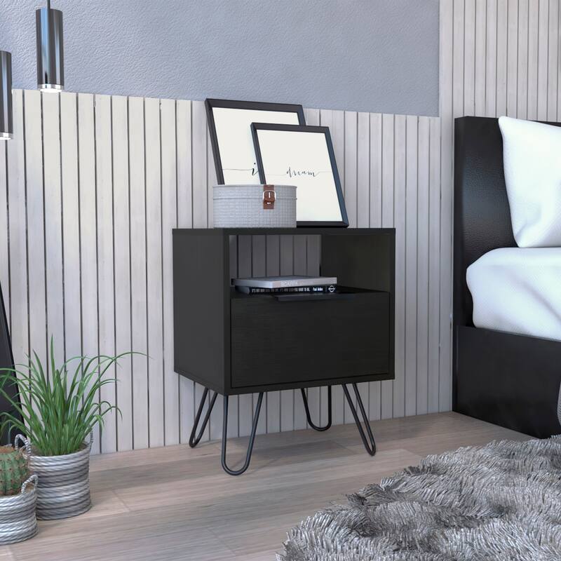 Modern Black Nightstand with Hairpin Legs, Drawer & Open Shelf - Compact Storage Solution for Bedroom or Living Room - Black