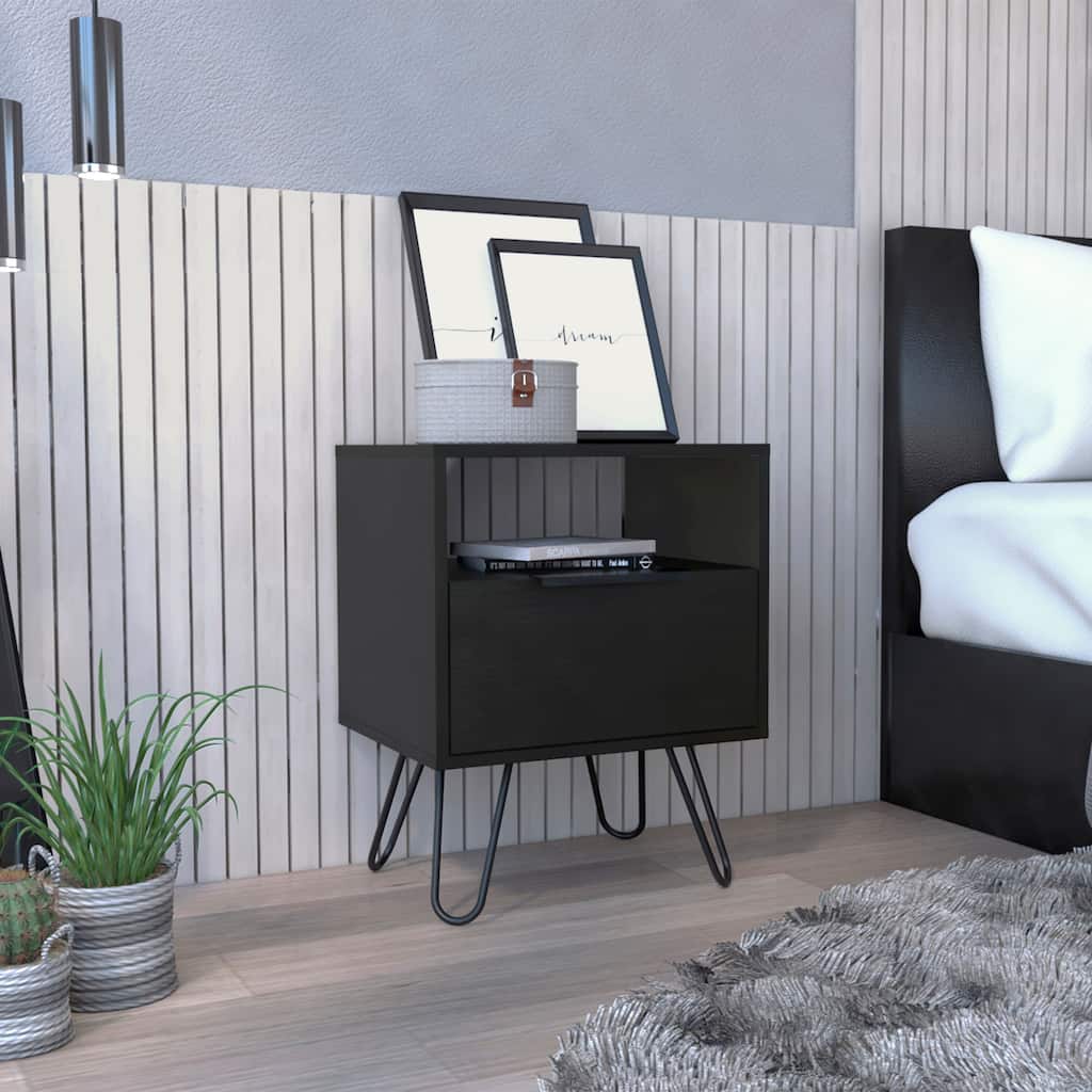Modern Black Nightstand with Hairpin Legs, Drawer & Open Shelf - Compact Storage Solution for Bedroom or Living Room