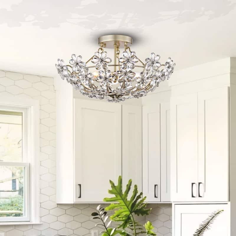 Rosa Glam 3-Light 20" Daisy Crystal Glass Flower Blossom Flush Mount - Brushed Silver-ish Champagne