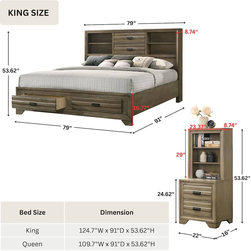 Roundhill Furniture Loiret Rubbed Gray Oak Finish Wood Storage Platform WallBed