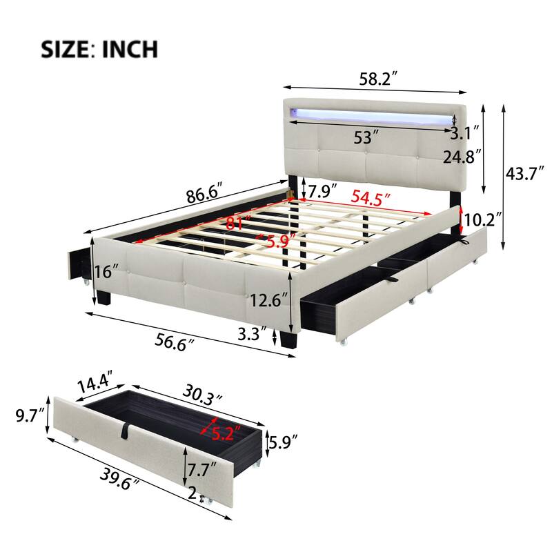 Upholstered Platform Bed with LED Frame and Drawers