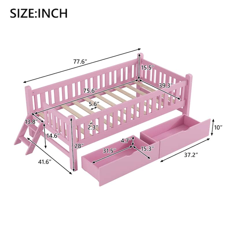 Low Twin Platform with 2 Drawers & Guardrails for Kids Room