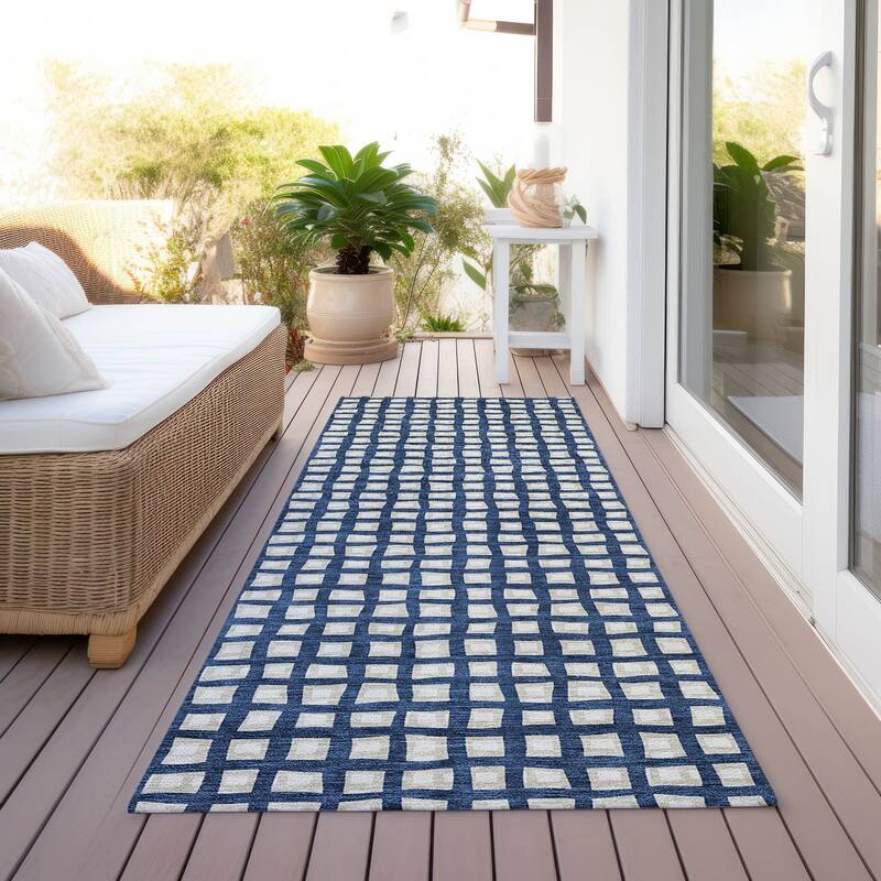 Machine Washable Indoor/ Outdoor Chantille Squares Rug - Blue - 2'3" x 7'6"