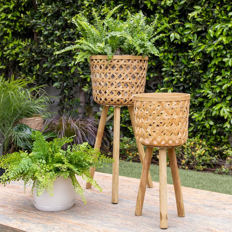 Sagebrook Home Neutral Boho Wicker Planter Stand Set, Versatile Indoor Garden Decor
