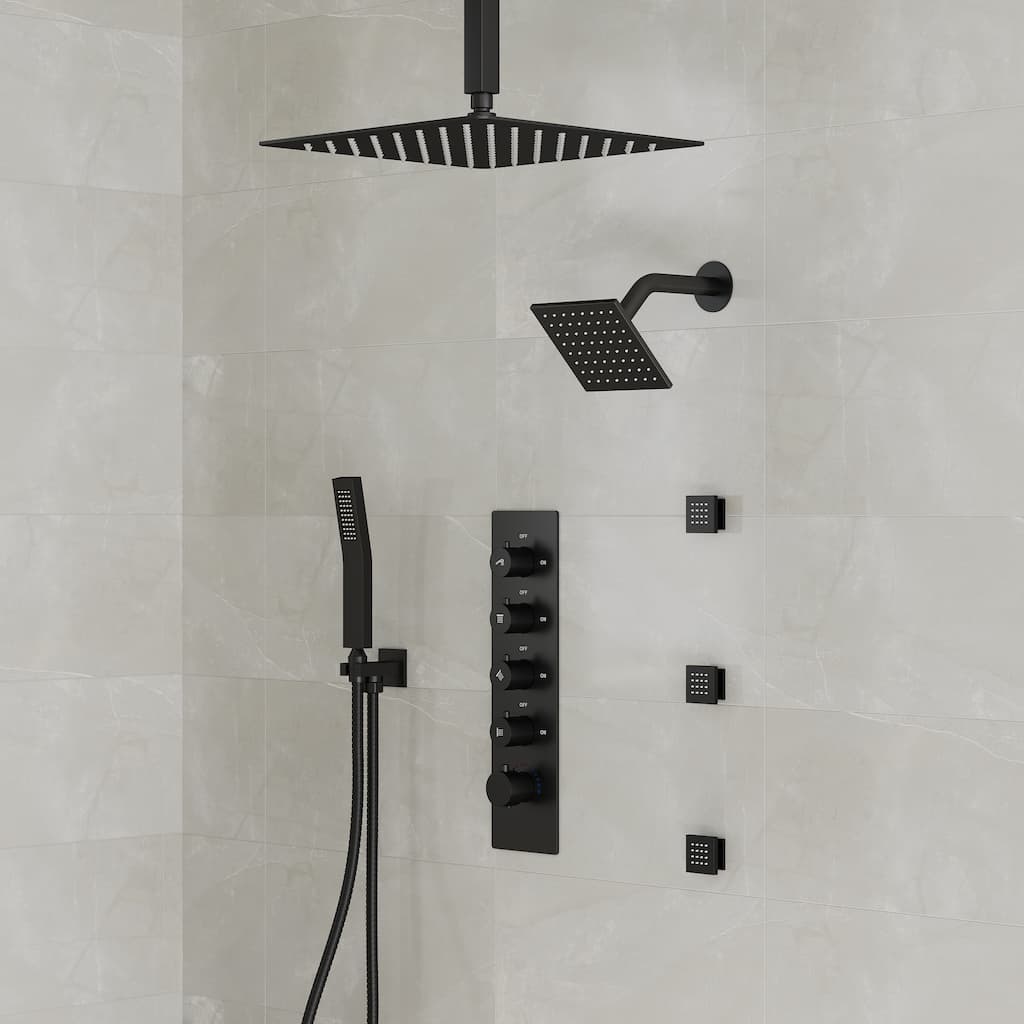 Dual Heads 16" Rainfall & High Pressure 6" Shower Head 3 Way Thermostatic Faucet System with 3 Body Jets