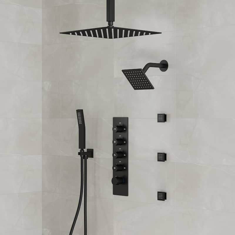 Dual Heads 16" Rainfall & High Pressure 6" Shower Head 3 Way Thermostatic Faucet System w/ 3 Body Jets - Black