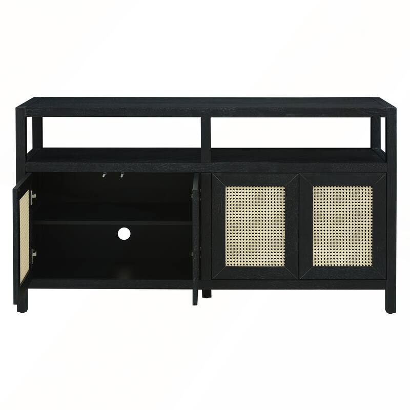 Rattan Buffet Storage Cabinet with Solid Wood Frame