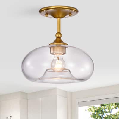Charli Aged Brass 1-Light Curved Clear Glass Shade Semi-Flush Mount - N/A