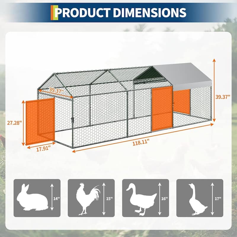 3 Doors Outdoor Large Metal Chicken Coop with Waterproof Anti-UV Cover for Rabbit Duck
