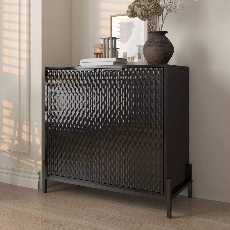 Modern Black High Gloss 2-Door Cabinet -Buffet Sideboard with Powder Coated Metal Feet