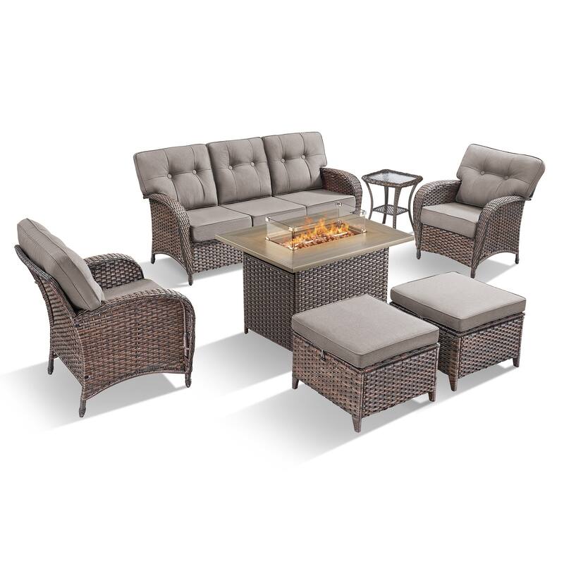 TWrap 7-Piece Wicker Patio Fire Pit Conversation Set with 3-Seat Sofa & Armchairs
