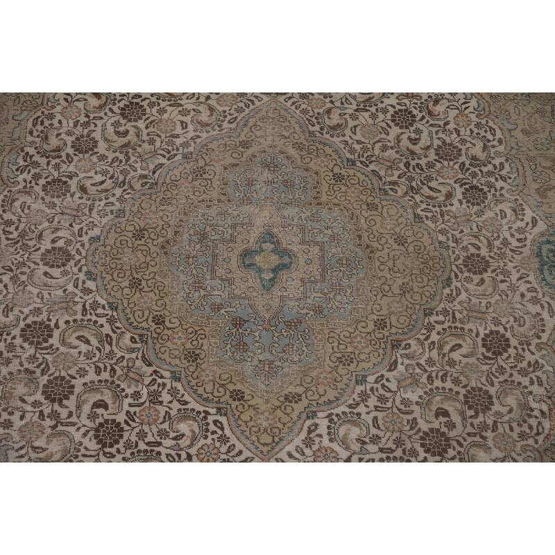 Distressed Geometric Tabriz Persian Antique Rug Handmade Wool Carpet - 9'8" x 13'5"