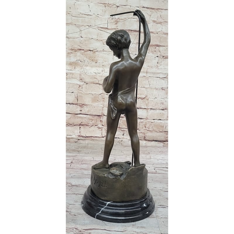 Young Boy Child Imitative Fishing - Bronze Sculpture Figure On Marble Base By A. Bofill