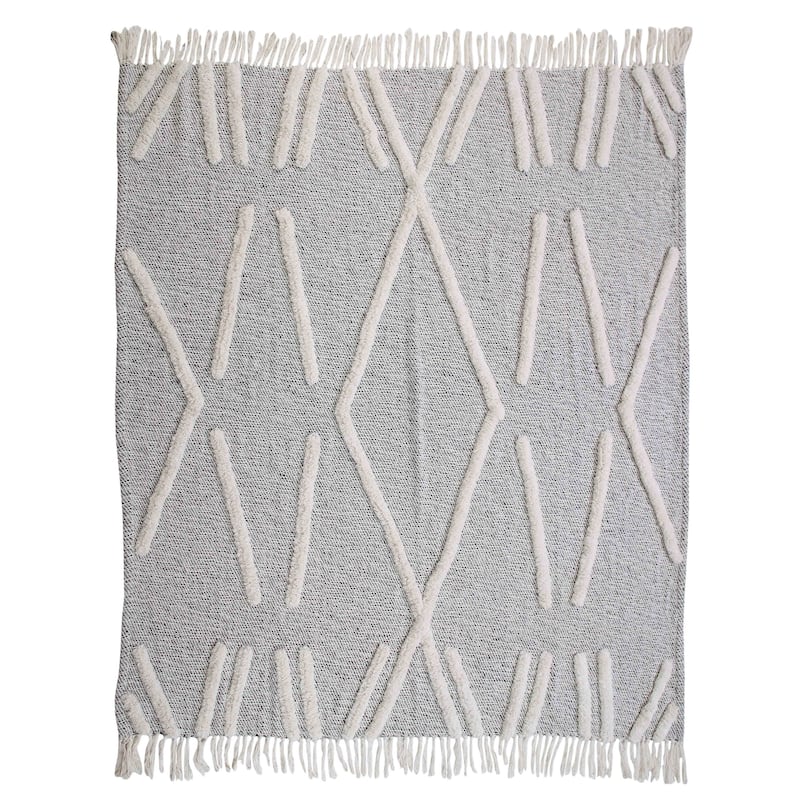 50" X 60" Black and Gray Woven Cotton Geometric Throw Blanket with Fringe