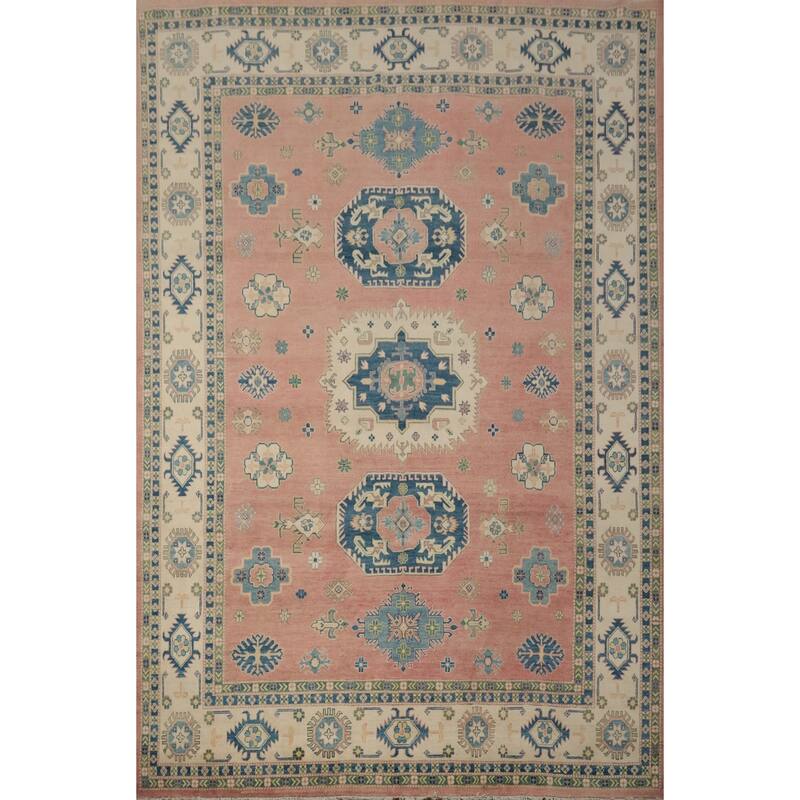Hand Knotted Oriental 100% Wool Carpet Traditional Geometric Pink Kazak Area Rug - 11' 10'' X 9' 0''