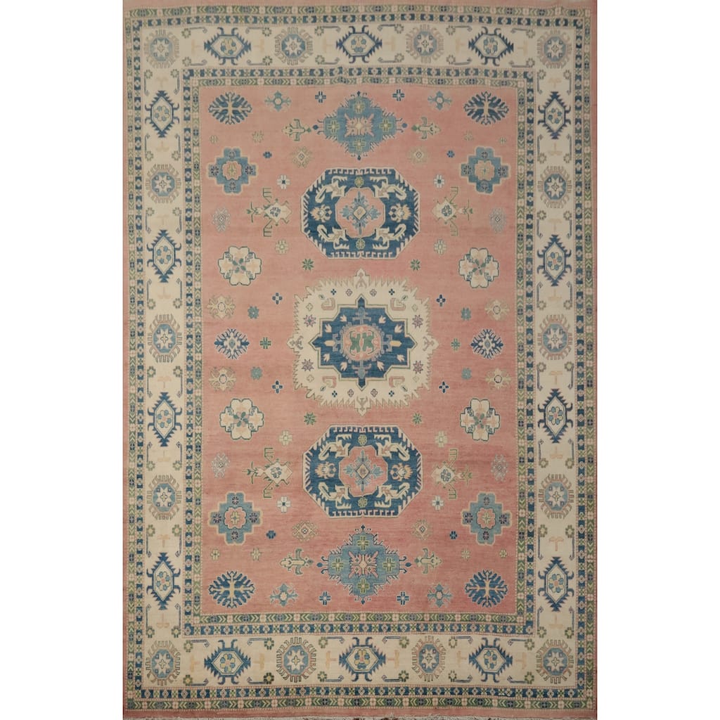 Hand Knotted Oriental 100% Wool Carpet Traditional Geometric Pink Kazak Area Rug - 11' 10'' X 9' 0''