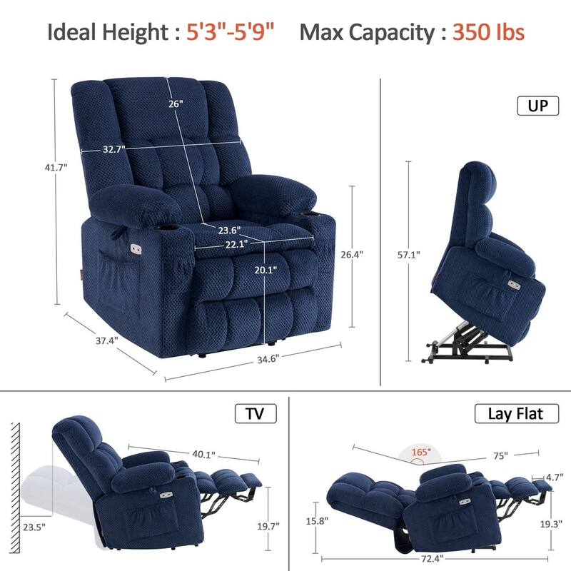 MCombo Medium Dual Motor Power Lift Recliner Chair Infinite Position, Massage and Heat, Extended Footrest, Fabric 7890