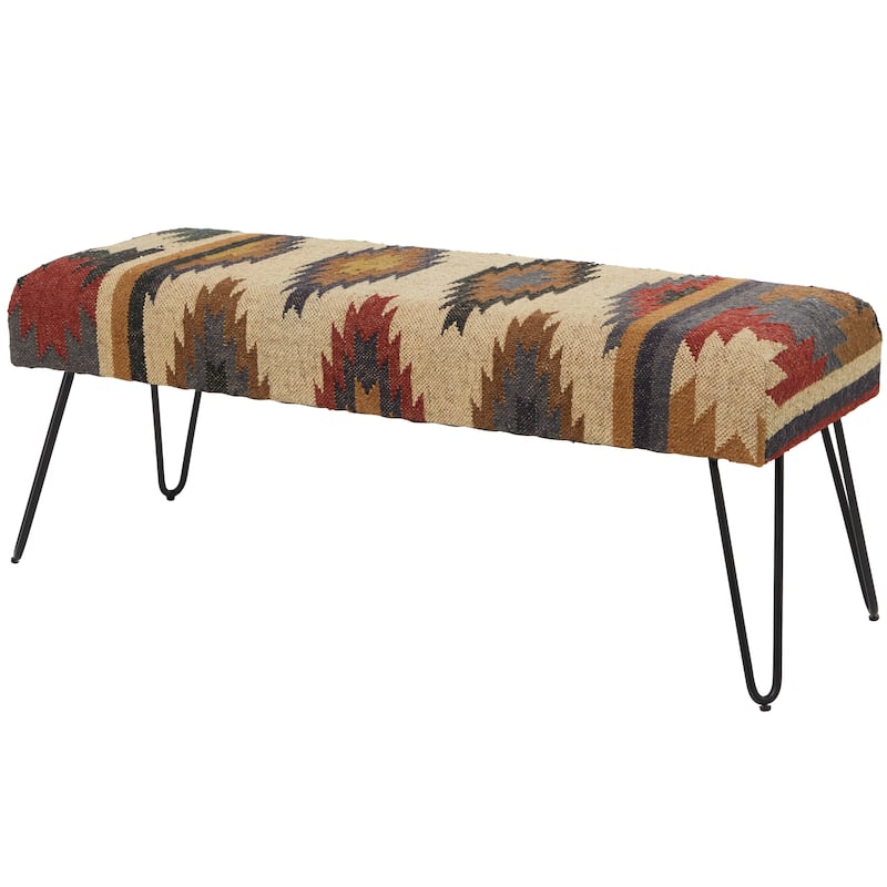 Metal Floral, Diamond or Tribal Bench with Metal Hairpin Legs - White, Gray or Multi Colored - Roche River Decor - Multi