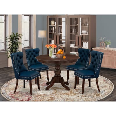East West Furniture Kitchen Table Set Contains a Round Dining Table and Upholstered Chairs, Antique Walnut (Pieces Options)