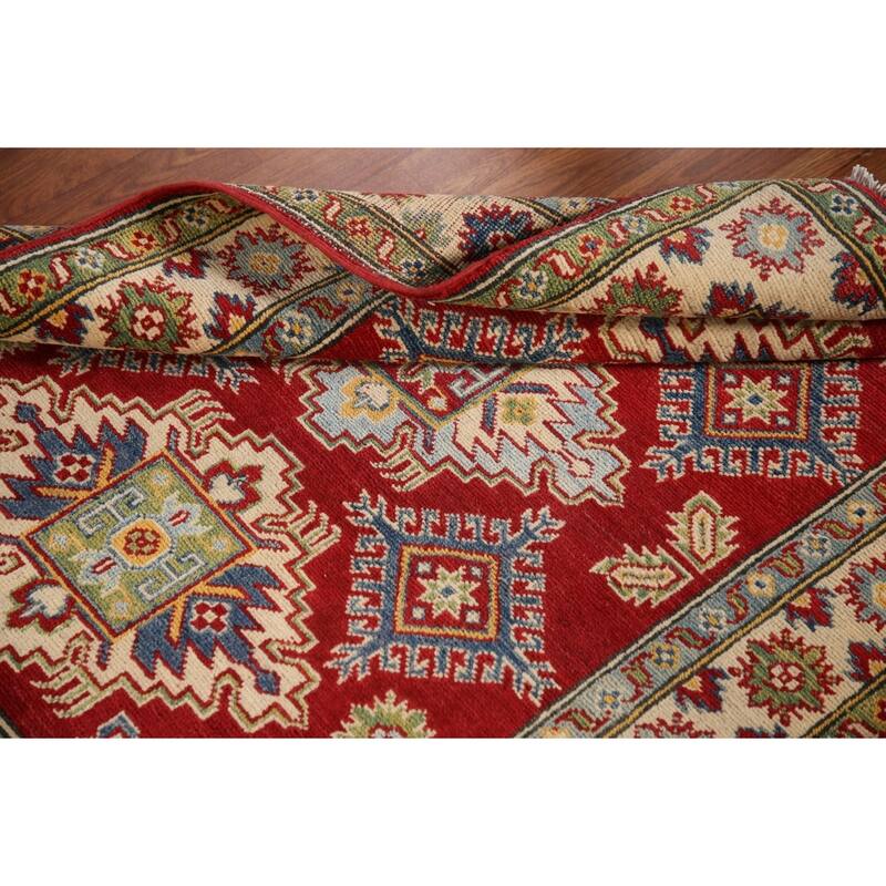 Red Geometric Kazak Oriental Accent Rug Handmade Wool Carpet - 3'6"x 4'9"