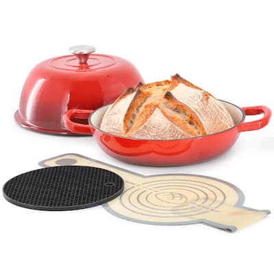Enameled Cast Iron 6 Quart Bread Pan Includes Baking Mat in Red