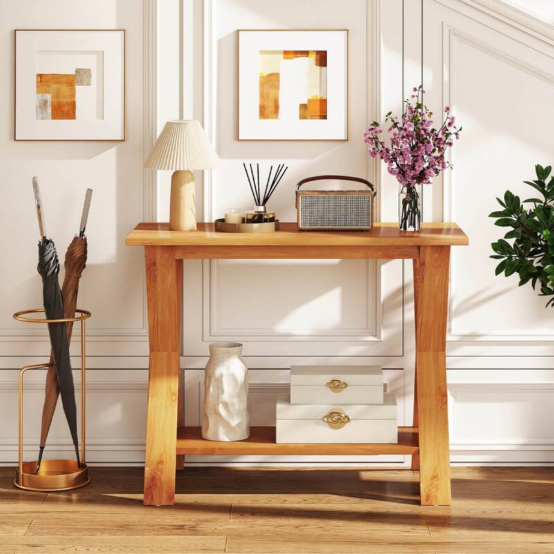 Costway 35.5-Inch Long Entryway Table with Storage Shelf Solid Teak - See Details